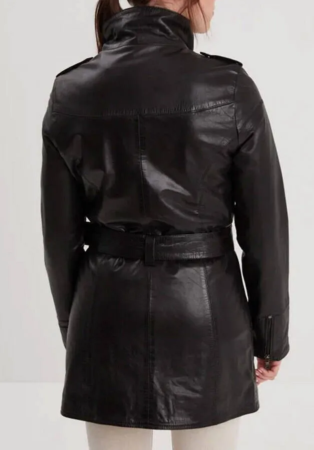 Women's Black Leather Coat - Rose Garden Twilight