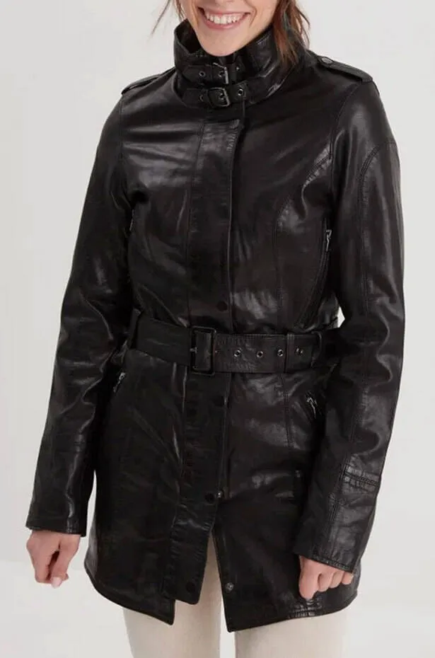 Women's Black Leather Coat - Rose Garden Twilight