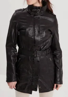 Women's Black Leather Coat - Rose Garden Twilight