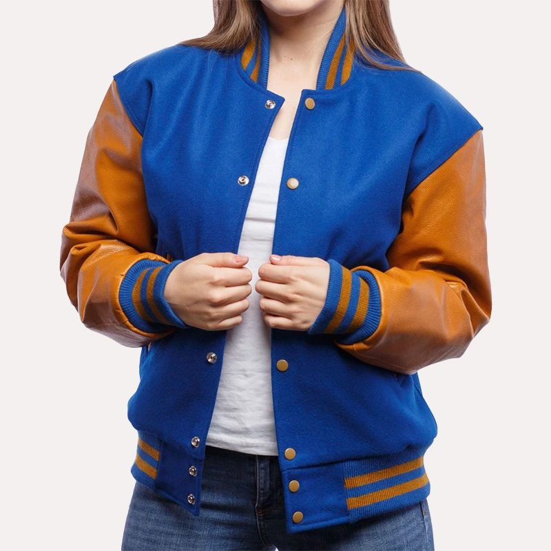 Womens Blue and Gold Leather Sleeves Varsity Jacket