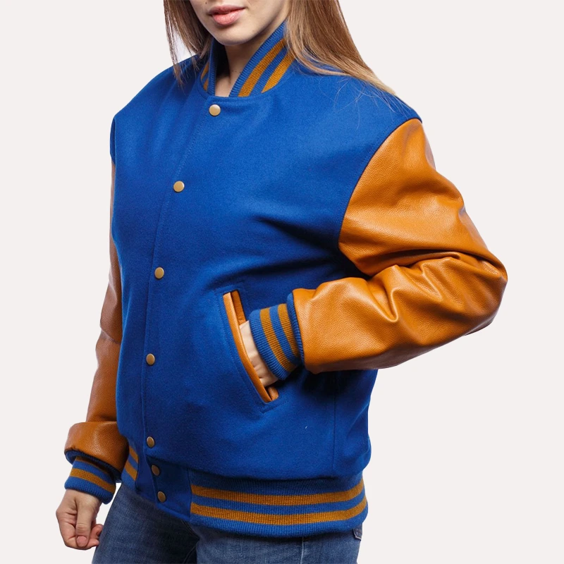 Womens Blue and Gold Leather Sleeves Varsity Jacket