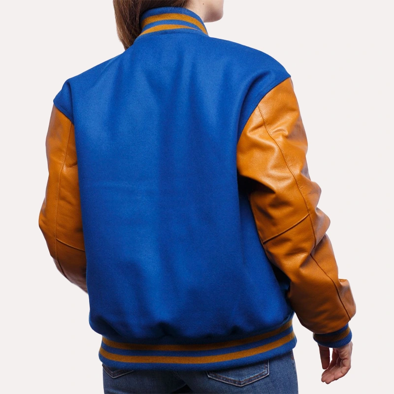 Womens Blue and Gold Leather Sleeves Varsity Jacket