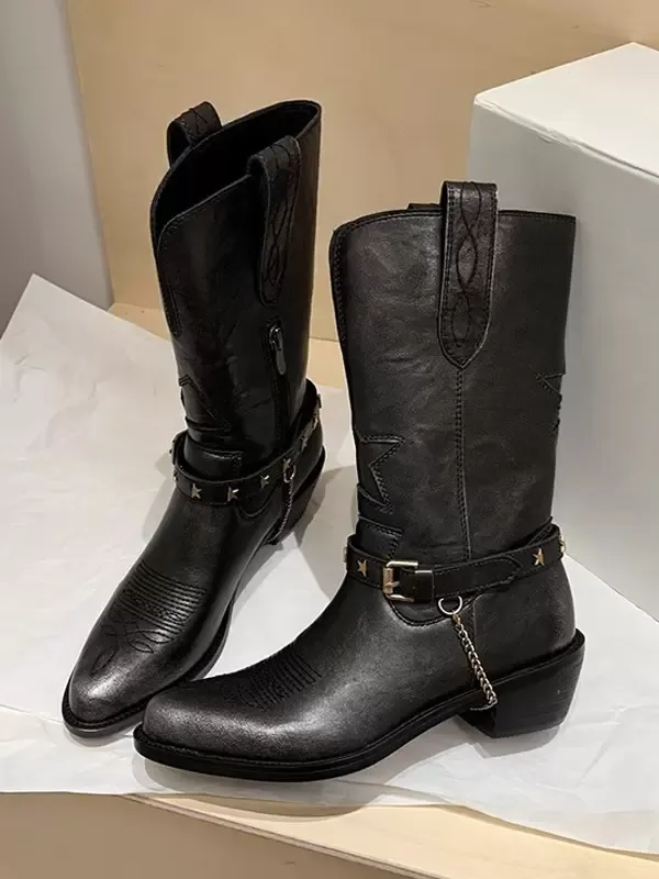 Women's Buckle PU Leather Pointed Toe Mid Calf Chunky Heel Boots