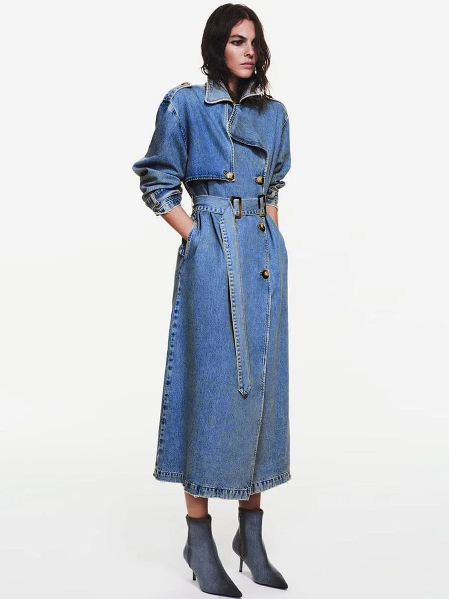 Women's Double-Breasted Belted Trench Coat with Notched Lapel and Full Length