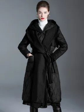 Women's Long Black Down Winter Coat with Hood and Belt