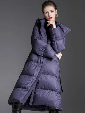 Women's Purple Long Hooded Down Puffer Coat for Winter Protection